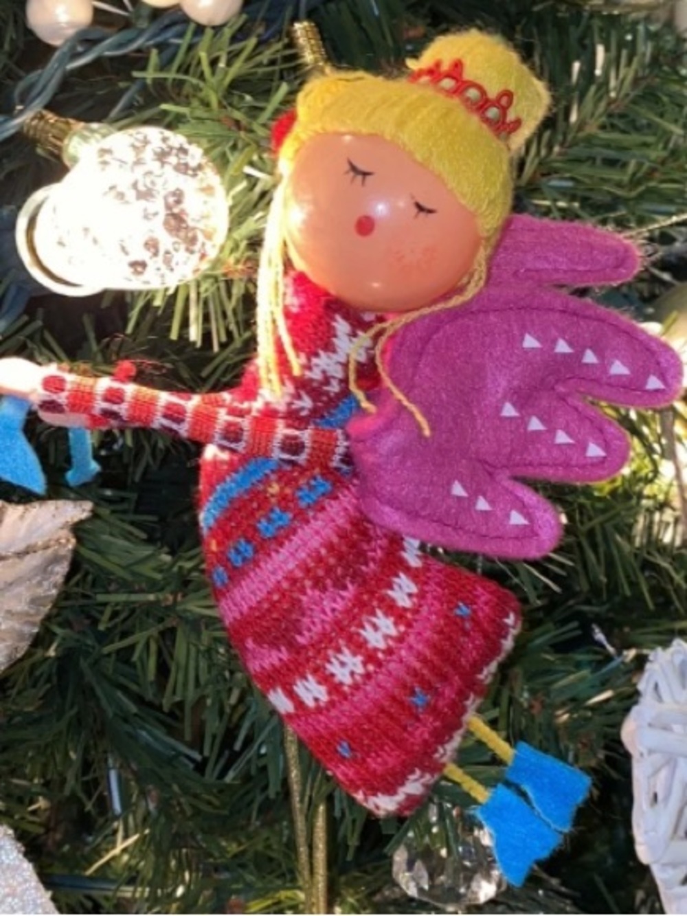 Festive Pink & Red Angel Ornament with Yellow Hair